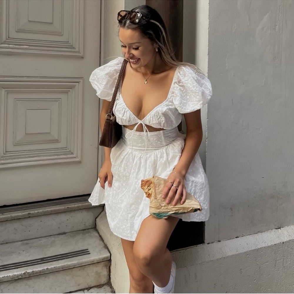 Sabo Alika White Puff-Sleeve Cutout Mini Dress